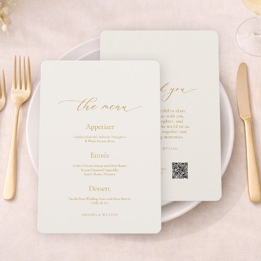 Elegant Ivory Wedding Menu & Thank You Card Kaart