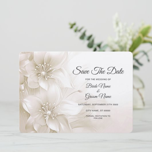 Elegant Ivory White Flowers Save The Date (Staand voorkant)