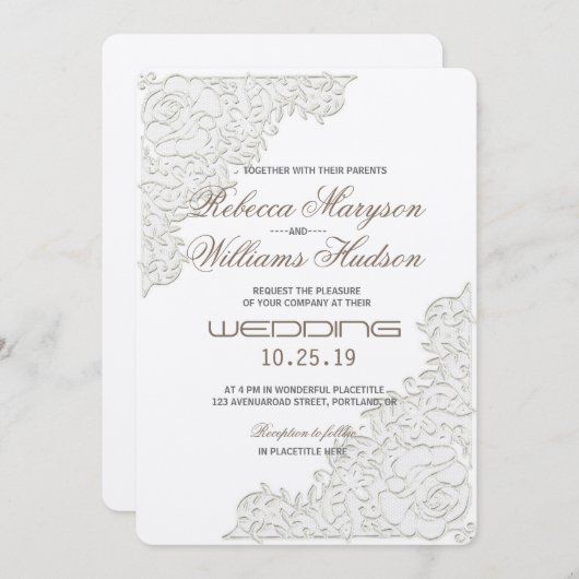 Elegant Ivory White Lace Corner Weddenschap Kaart (Voorkant / Achterkant)