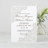 Elegant Ivory White Lace Corner Weddenschap Kaart (Staand voorkant)