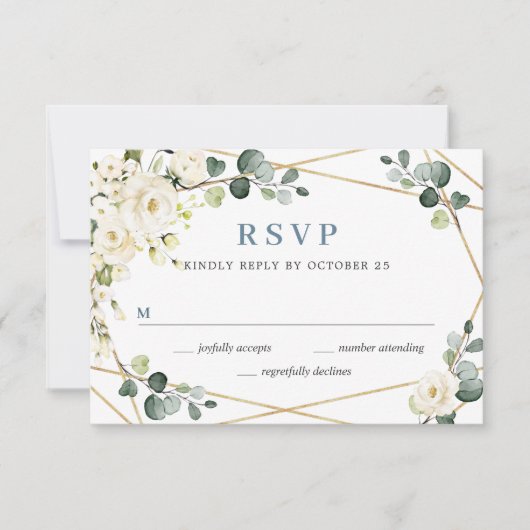 Elegant Ivory White Roses Eucalyptus Wedding RSVP Kaartje (Voorkant)