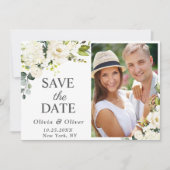 Elegant Ivory White Roses Greenery PHOTO Wedding Save The Date (Voorkant)