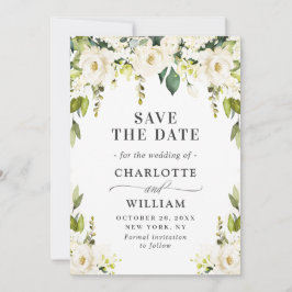 Elegant Ivory White Roses Greenery Wedding Save The Date