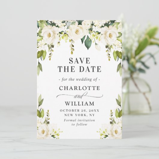 Elegant Ivory White Roses Greenery Wedding Save The Date (Staand voorkant)