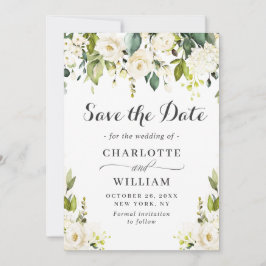 Elegant Ivory White Roses Greenery Wedding Save The Date