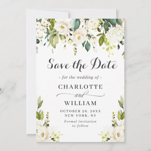 Elegant Ivory White Roses Greenery Wedding Save The Date (Voorkant)
