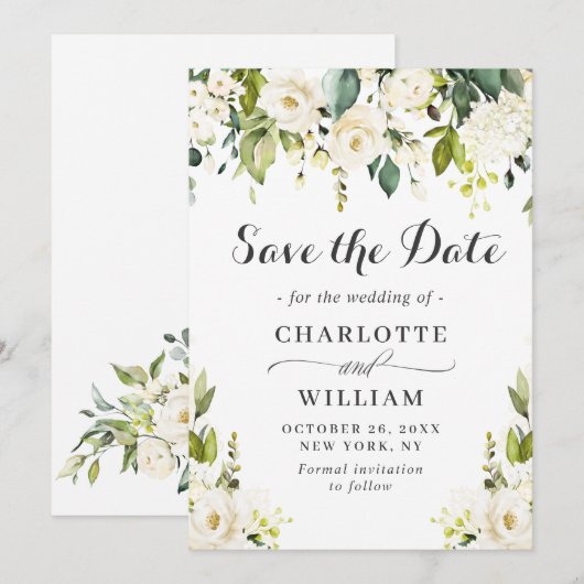 Elegant Ivory White Roses Greenery Wedding Save The Date (Voorkant / Achterkant)