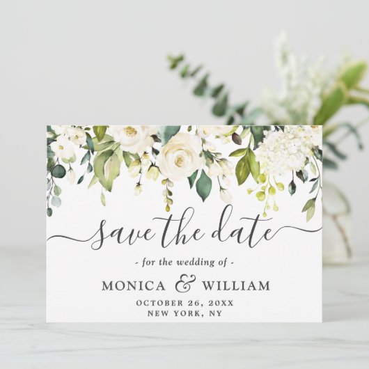 Elegant Ivory White Roses Greenery Wedding Save The Date (Staand voorkant)