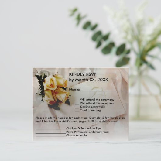 Elegant Ivory Yellow Roses RSVP Wedding Postcard Uitnodiging Briefkaart (Staand voorkant)