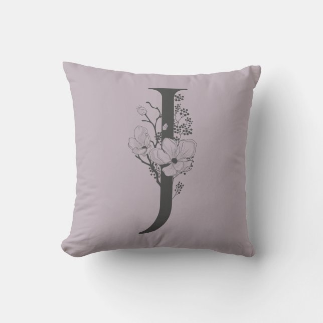 Elegant J Boho Floral Monogram Initiaal Lila grijs Kussen (Voorkant)