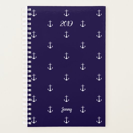 Elegant Jaar Nautical Anchor Custom Name Navy Blue Planner (Voorkant)
