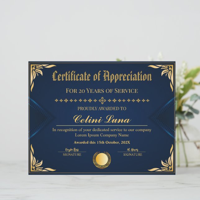 Elegant Jaar Service Certificaat - Royal Blue (Staand voorkant)