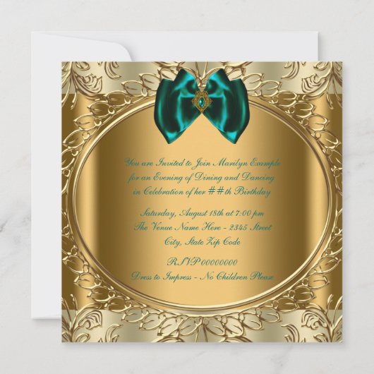 Elegant Jade en Gouden Verjaardagsfeest Kaart (Achterkant)