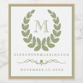 Elegant Jade Monogram Laurel Wreath Bruiloft Wijn Etiket