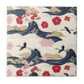 Elegant Japanese Ceramic Tile with Floral Waves Tegeltje (Voorkant)