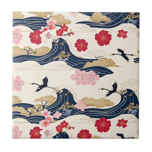 Elegant Japanese Ceramic Tile with Floral Waves Tegeltje (Voorkant)