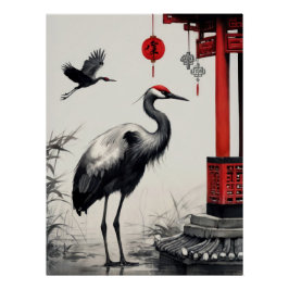 Elegant Japanese Cranes and Pagoda Ink Wash Art Perfect Poster