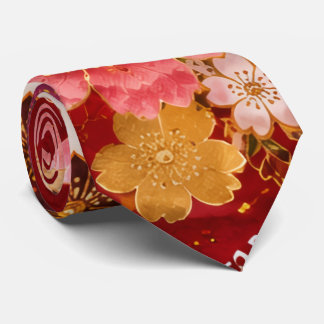 Elegant Japanese Floral Necktie | Red Kimono Inspi Stropdas