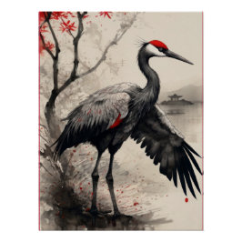 Elegant Japanese Red-Crowned Crane & Maple Tree Perfect Poster