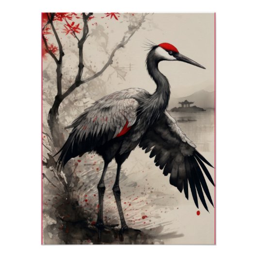 Elegant Japanese Red-Crowned Crane & Maple Tree Perfect Poster (Voorkant)