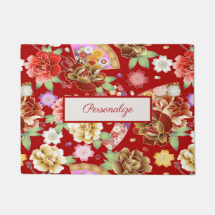 Elegant Japans Aziatisch Kunst Rood Bloemen Patroo Deurmat