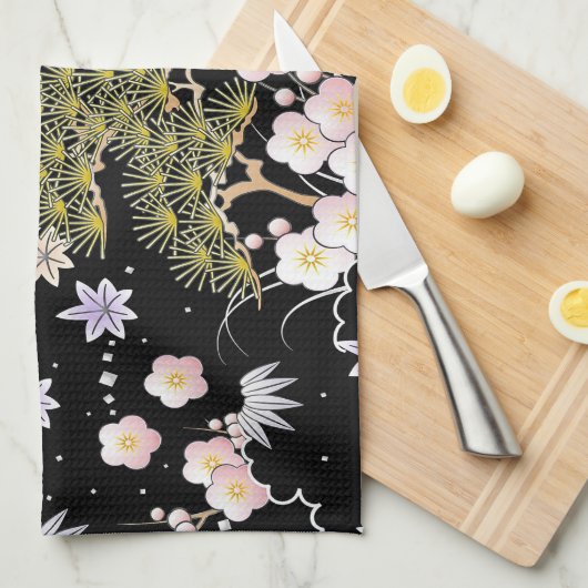 Elegant Japans geïnspireerd botanisch kunstwerk | Theedoek (Quarter Fold)