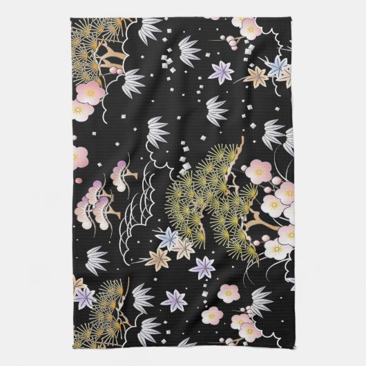 Elegant Japans geïnspireerd botanisch kunstwerk | Theedoek (Verticaal)