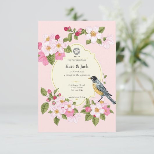 Elegant Japans Roze Bloemen Bruiloft Uitnodiging (Staand voorkant)