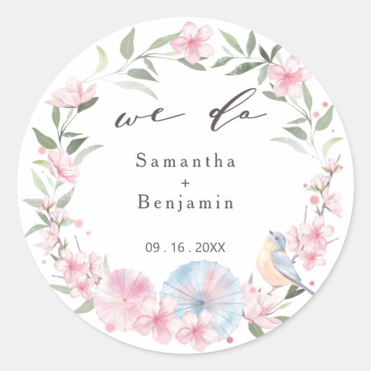 Elegant Japanse Sakura Cherry Blossom Wedding Ronde Sticker (Voorkant)