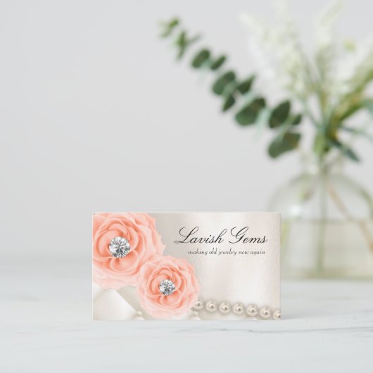Elegant Jewelry Wedding Planner Roos Peach Pearls Visitekaartje (Staand voorkant)