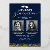 Elegant Joint Afstuderen Photo Navy Gold Folie Uitnodiging (Voorkant)