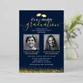 Elegant Joint Afstuderen Photo Navy Gold Folie Uitnodiging (Staand Voorkant)