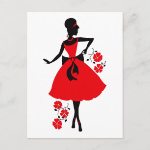 Elegant  jonge vrouw rood zwart silhouet briefkaart