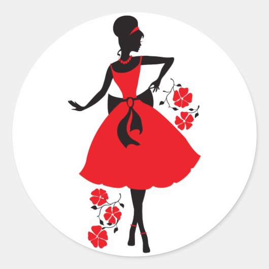 Elegant  jonge vrouw rood zwart silhouet ronde sticker (Voorkant)