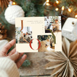 Elegant JOY Boho Season's Groeten Drie Foto Feestdagenkaart<br><div class="desc">Een minimalistische en elegante kerstkaart met drie prachtige familiefoto's met een typografisch gezegde "JOY" en een boho strepen achtergrond aan de achterkant.</div>
