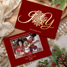 Elegant JOY Burgundy Christmas Photo Gold Folie Feestdagenkaart
