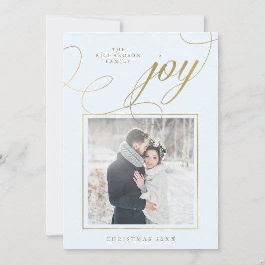 Elegant Joy | Gold Script op Soft Blue met foto Feestdagenkaart (Voorkant)