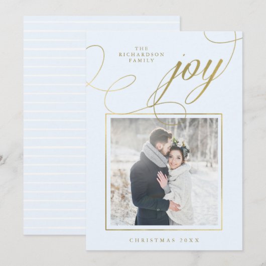 Elegant Joy | Gold Script op Soft Blue met foto Feestdagenkaart (Voorkant / Achterkant)