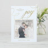 Elegant Joy | Gold Script op Soft Blue met foto Feestdagenkaart (Staand voorkant)