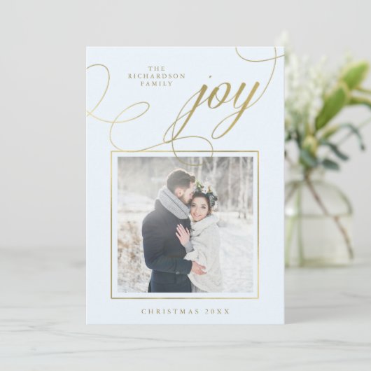 Elegant Joy | Gold Script op Soft Blue met foto Feestdagenkaart (Staand voorkant)