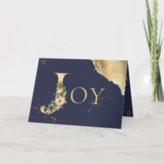 Elegant Joy Kerstmis Gold Floral Navy Feestdagen Kaart (Voorkant)