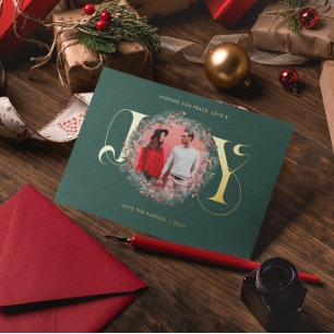 Elegant JOY Kerstmis Wreath Leaves Berries Foto Folie Feestdagenkaart