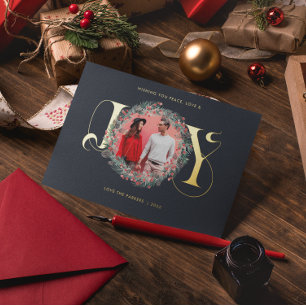 Elegant JOY Kerstmis Wreath Leaves Berries Foto Folie Feestdagenkaart