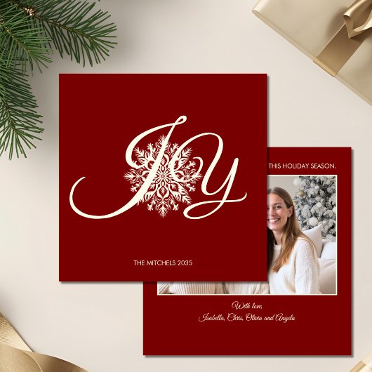 Elegant JOY Rood Wit Kerstfoto Feestdagenkaart