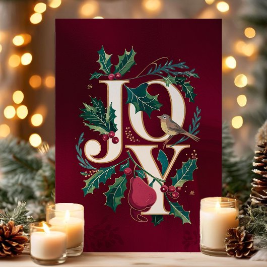 Elegant Joy Typography Holly Bird Christmas Kaart