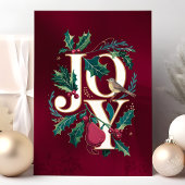 Elegant Joy Typography Holly Bird Christmas Kaart