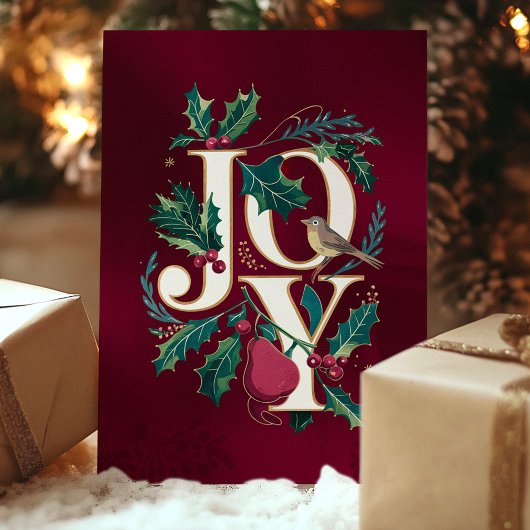 Elegant Joy Typography Holly Bird Christmas Kaart