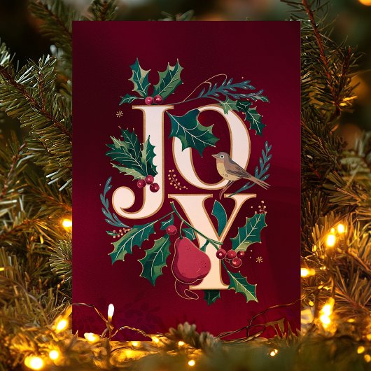 Elegant Joy Typography Holly Bird Christmas Kaart
