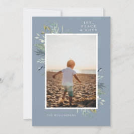 Elegant Joy Winter Foliage Single Photo Blue Feestdagenkaart