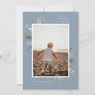 Elegant Joy Winter Foliage Single Photo Blue Feestdagenkaart